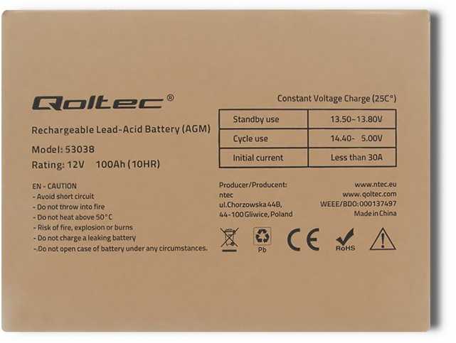 QOLTEC 53038 Qoltec Baterija AGM 12V 100Ah max.30A
