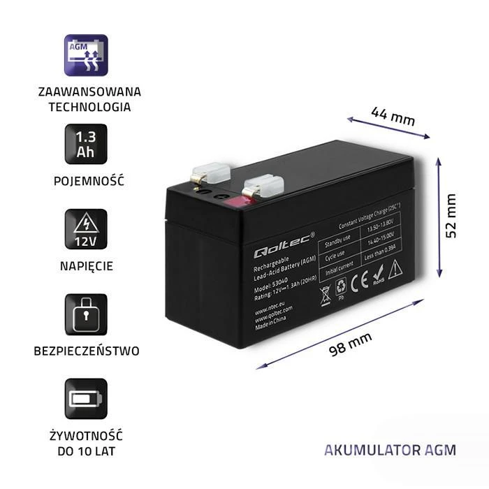 QOLTEC 53040 Baterija AGM 12V 1.3Ah max.0.39A