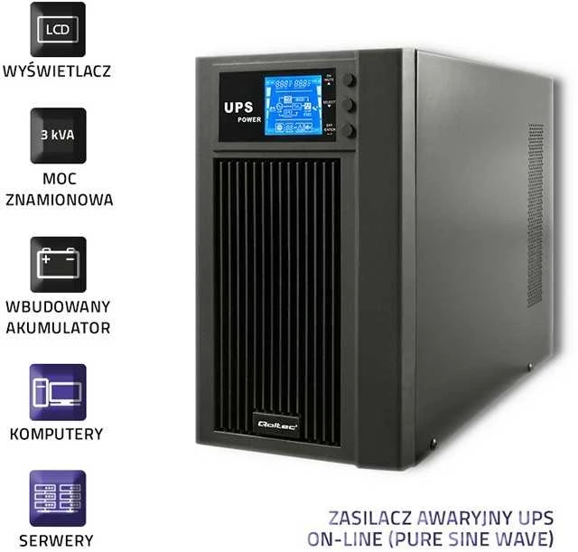Qoltec Nepertraukiamo maitinimo šaltinis On-line 3KVA 2.4kW LCD USB