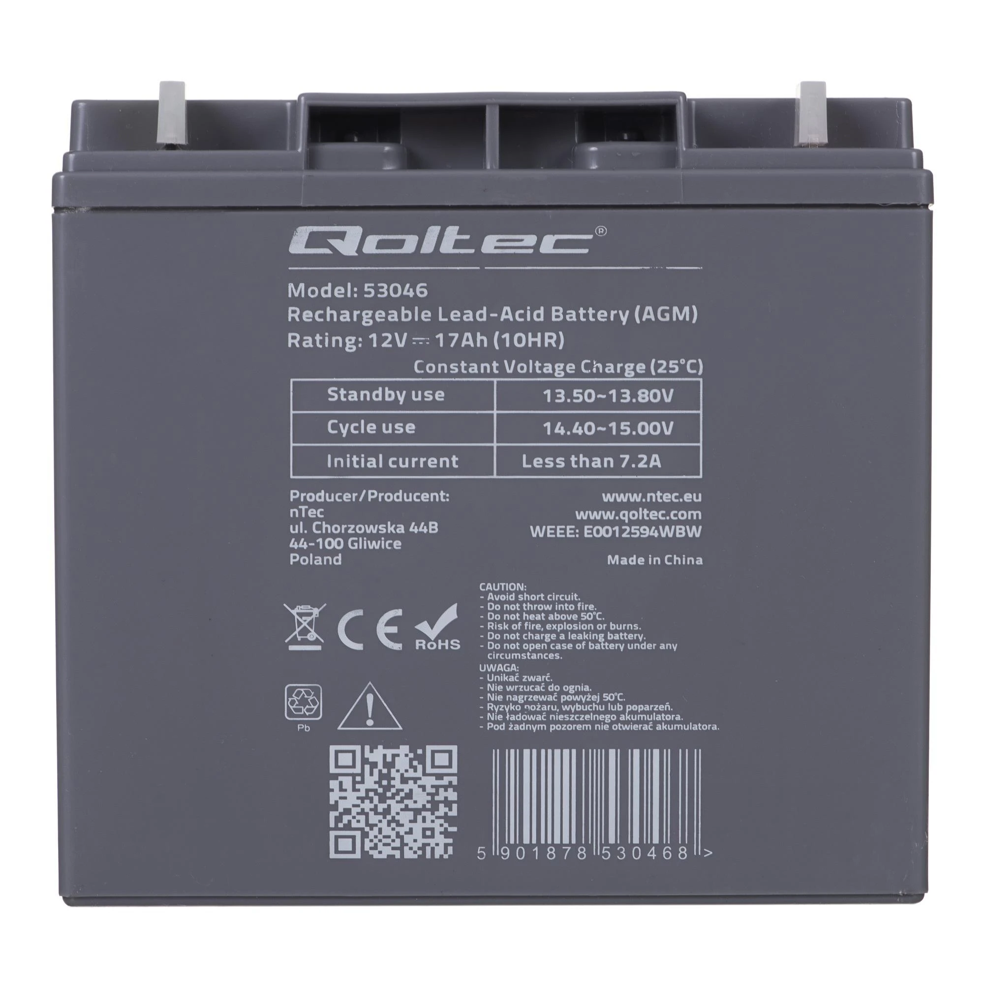 QOLTEC 53046 Qoltec Baterija AGM 12V 17Ah maks.255A