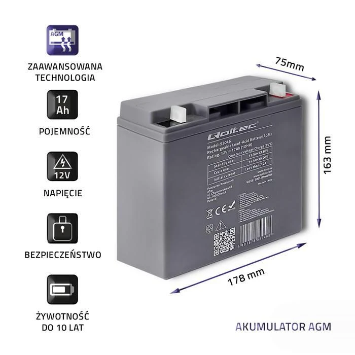 QOLTEC 53046 Qoltec Baterija AGM 12V 17Ah maks.255A