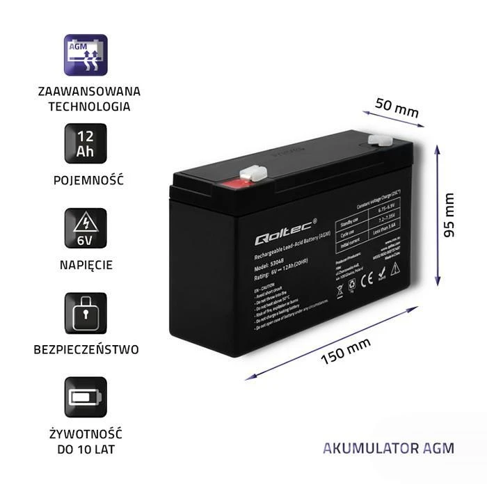 QOLTEC AGM baterija 6V 12Ah