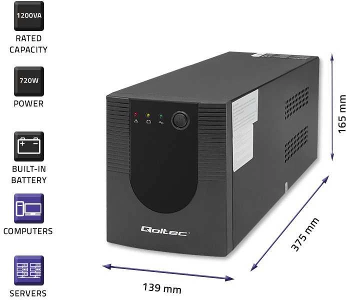 QOLTEC 53775 nepertraukiamo maitinimo linijos interaktyvus monolitas 1200VA 720W