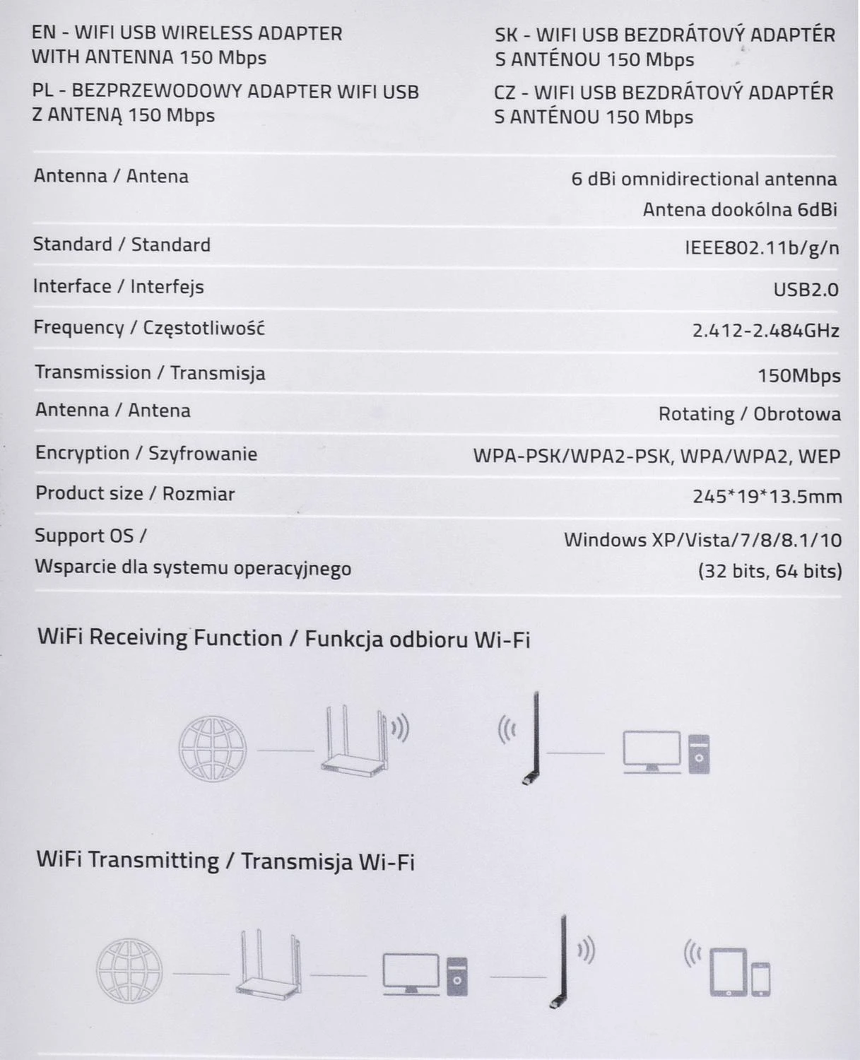 Qoltec belaidis adapteris Wi-Fi USB su antena, 57001