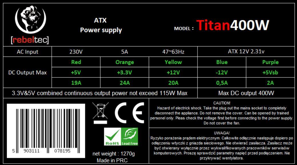 Maitinimo šaltinis Rebeltec Titan Series 400W