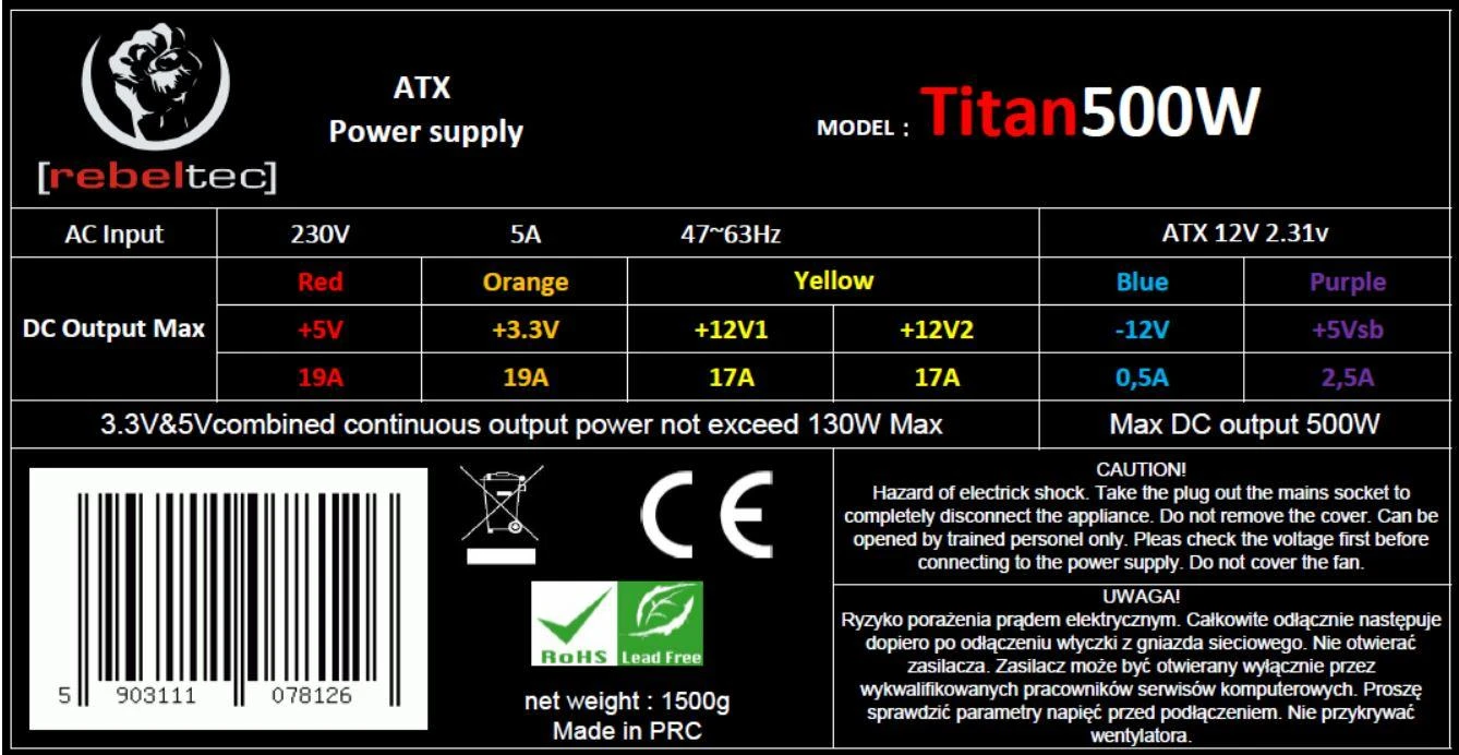 Rebeltec TITAN 500 ATX maitinimo šaltinis ver. 2.31