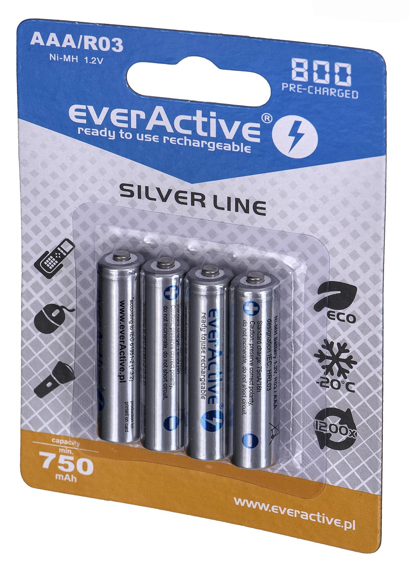 Įkraunamos baterijos everActive Ni-MH R03 AAA 800 mAh Sidabrinis Line