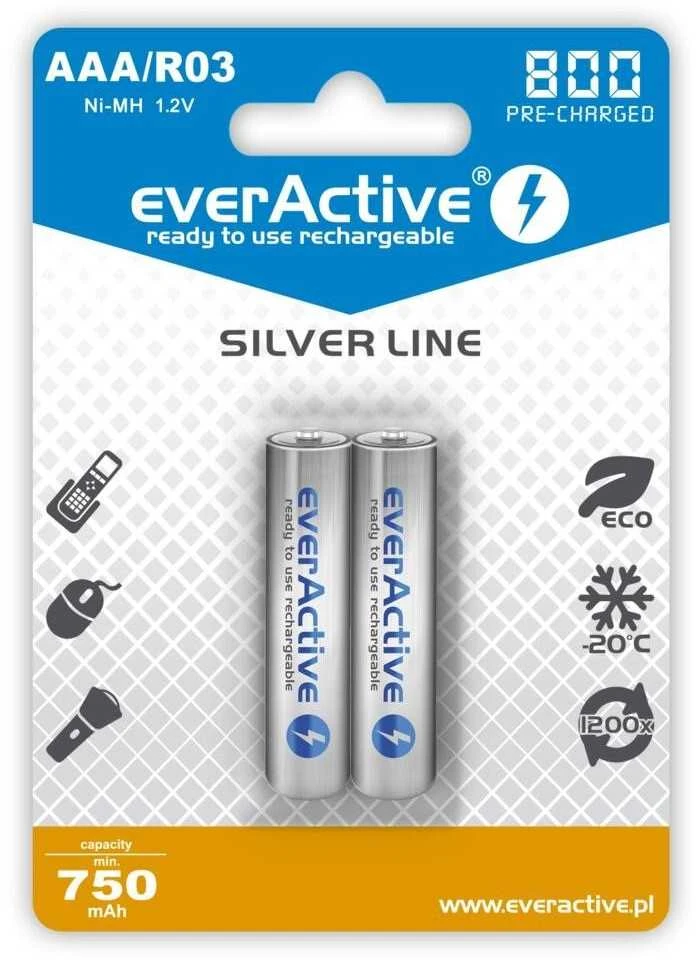 Įkraunamos baterijos „everActive Ni-MH R03 AAA“ 800 mAh „Sidabrinis Line“ - 2 vnt.