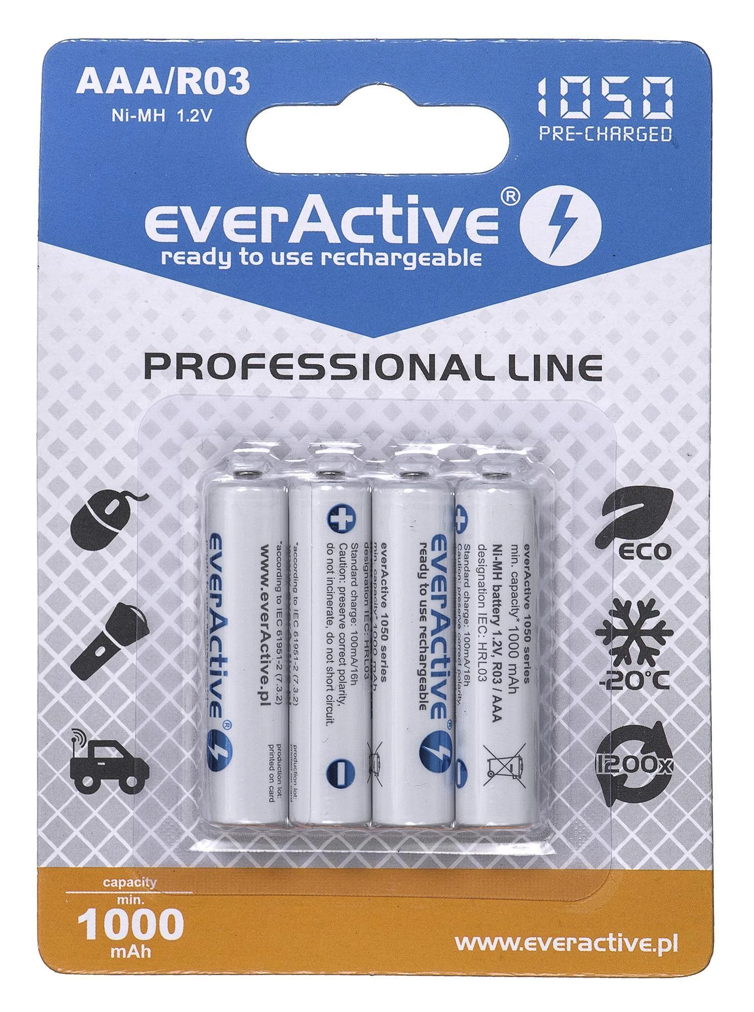 Įkraunamos baterijos everActive Ni-MH R03 AAA 1050 mAh Professional Line