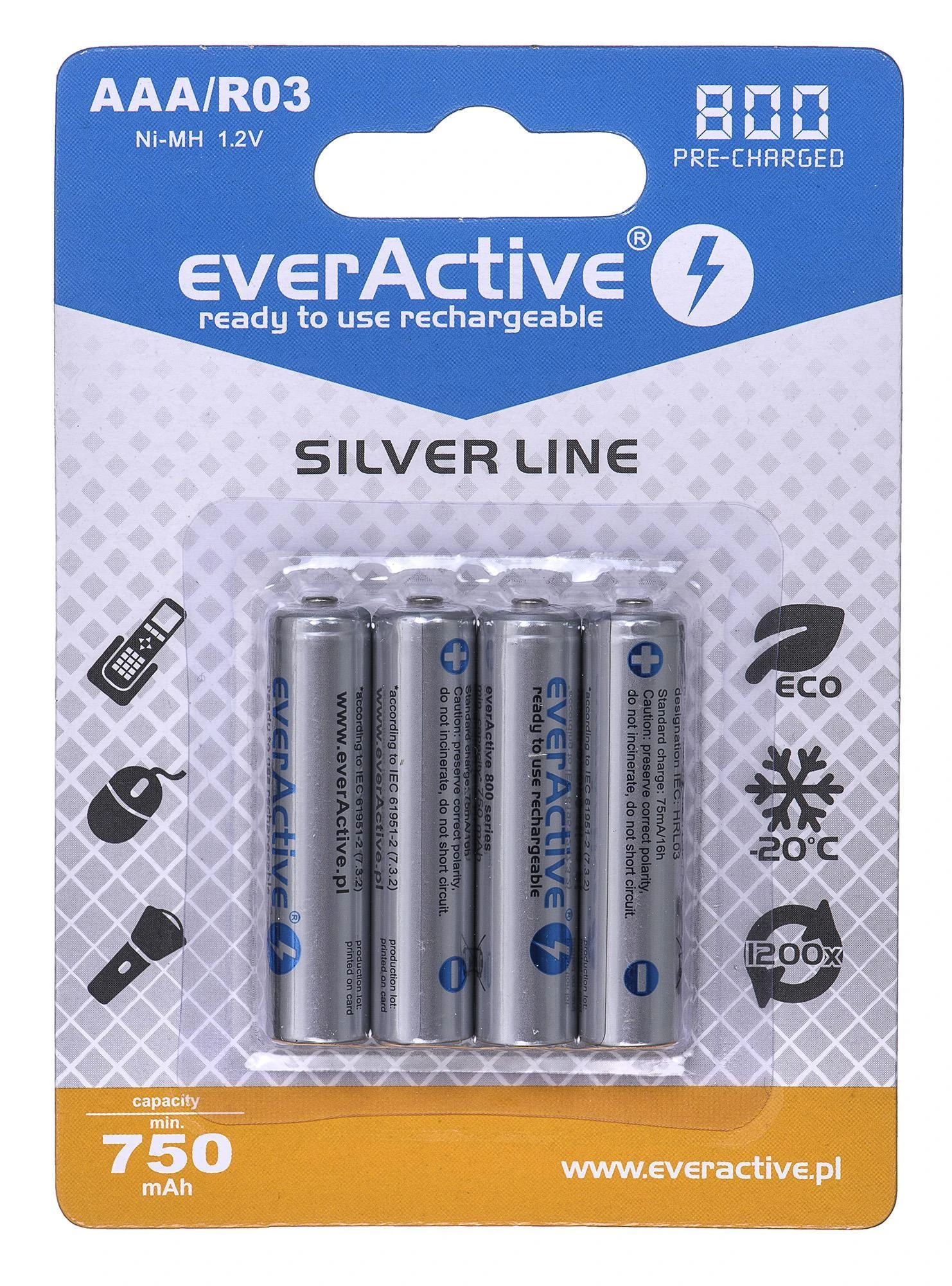 Įkraunamos baterijos everActive Ni-MH R03 AAA 800 mAh Sidabrinis Line