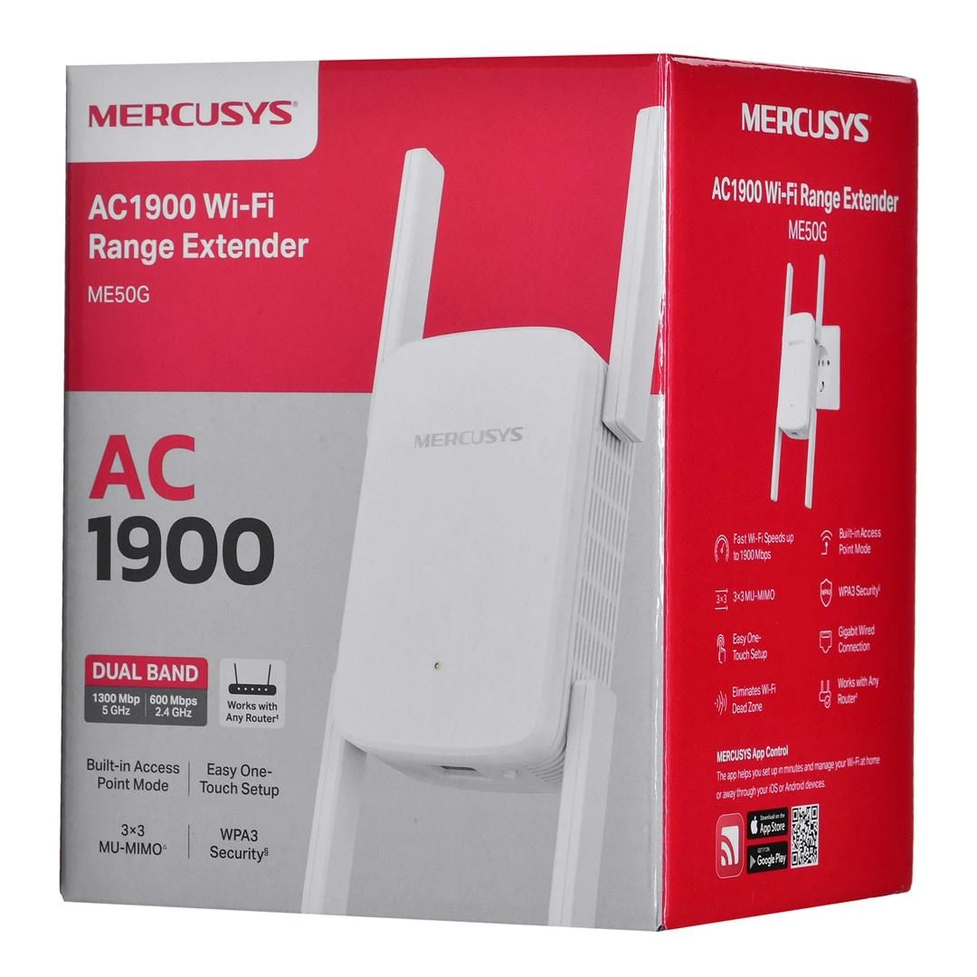 Maršrutizatorius Mercusys | AC1900 Wi-Fi diapazono plėstuvas | ME50G | 802.11ac | Tinklelio atramos Nr. | 600+1300 Mbit/s | 10/100/1000 Mbit/s | Ethernet LAN (RJ-45) jungtys 1 | Nėra mobiliojo plačiajuosčio ryšio | MU-MiMO Nr. | nėra PoE | Antenos tipas Išorinė