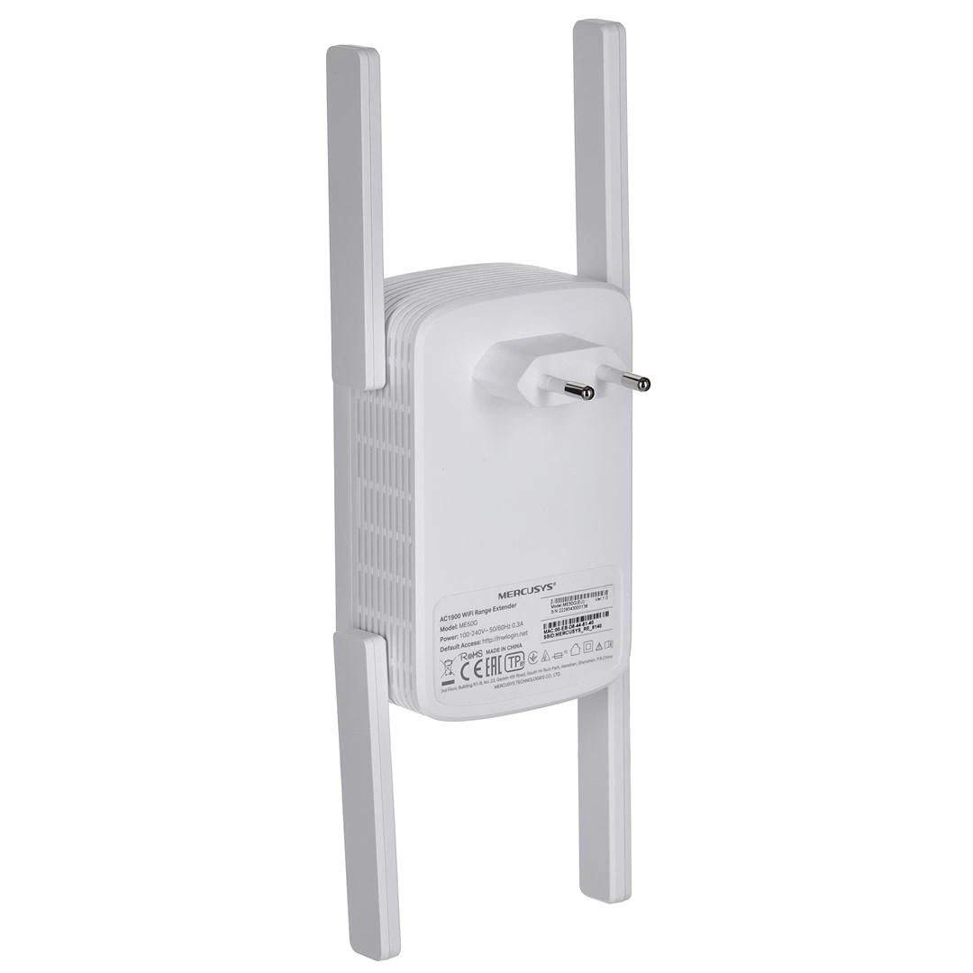 Maršrutizatorius Mercusys | AC1900 Wi-Fi diapazono plėstuvas | ME50G | 802.11ac | Tinklelio atramos Nr. | 600+1300 Mbit/s | 10/100/1000 Mbit/s | Ethernet LAN (RJ-45) jungtys 1 | Nėra mobiliojo plačiajuosčio ryšio | MU-MiMO Nr. | nėra PoE | Antenos tipas Išorinė