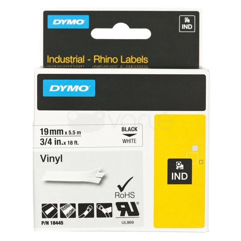Juostelė DYMO Rhino 19mm x 5.5m, vinilinė, juoda ant balto / S0718620 18445