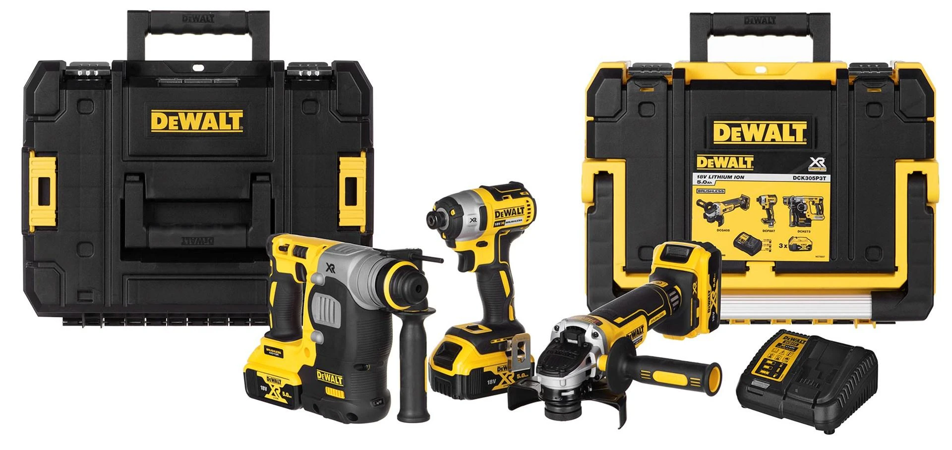 Įrankių rinkinys DeWalt DCK305P3T-QW (DCH273 + DCG405N + DCF887N); 18 V; 3x5,0 Ah akum.