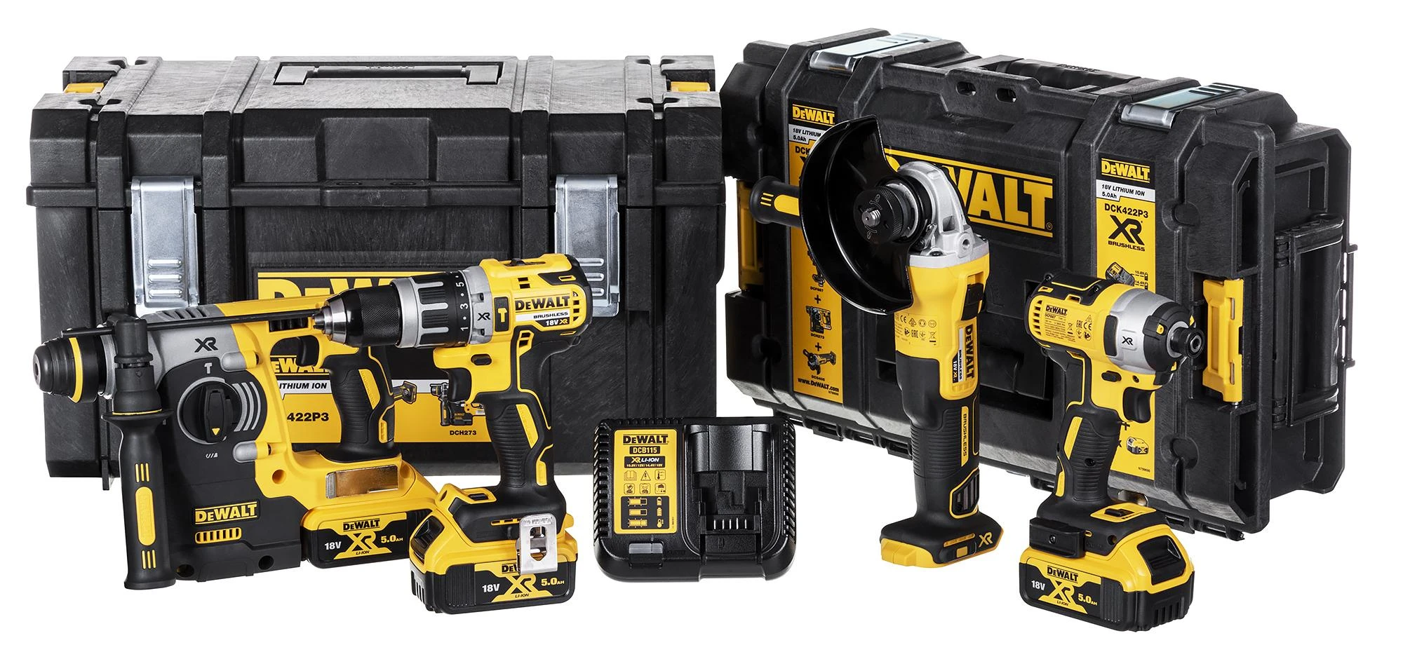 Įrankių rinkinys DeWalt (DCG405 + DCH273 + DCD796 + DCF887); 18 V; 3x5,0 Ah akum.