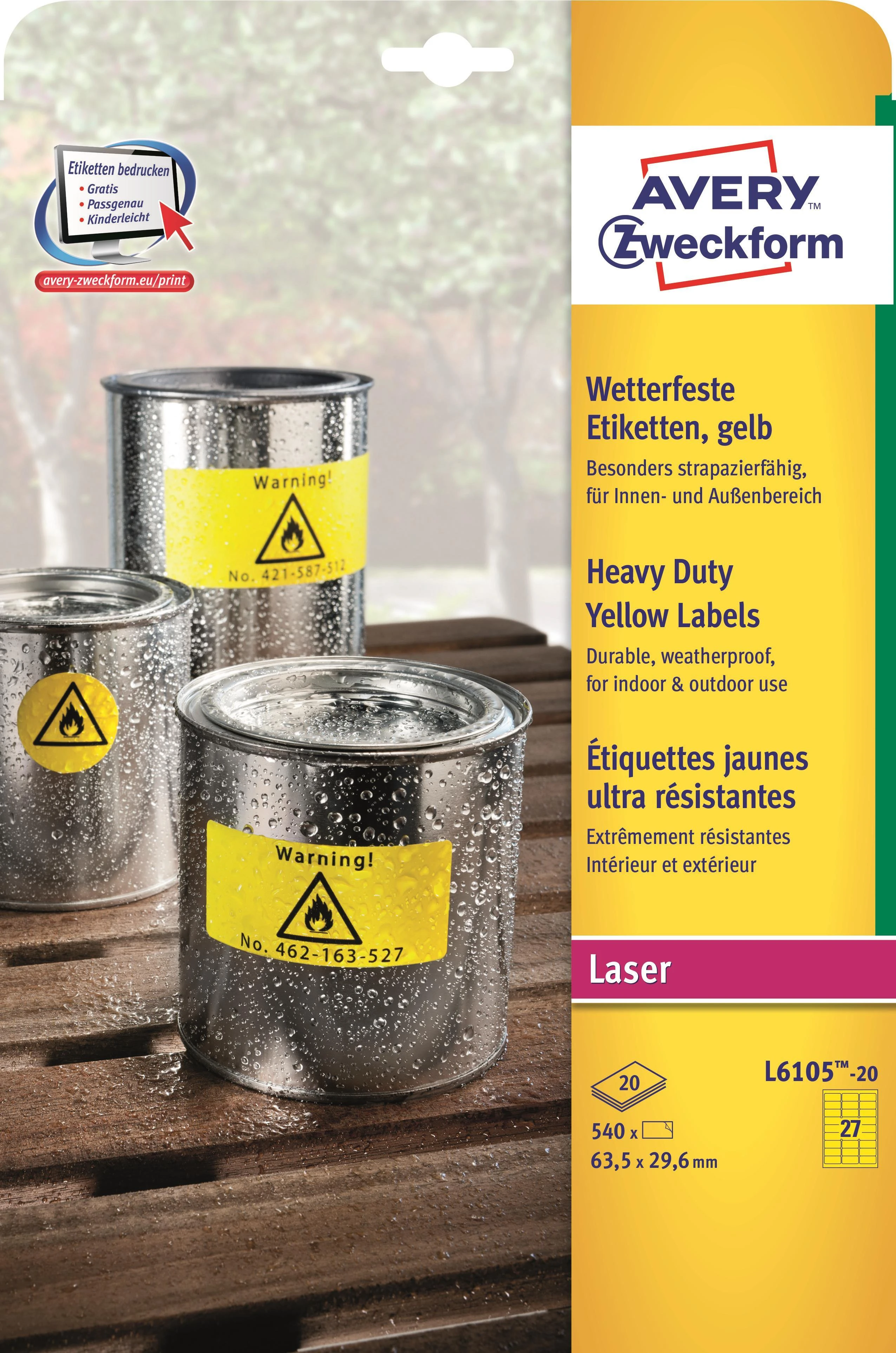 Avery Zweckform Heavy Duty Atsparus vandeniui Labels 63,5 x 29,6 mm geltona (L6105-20)