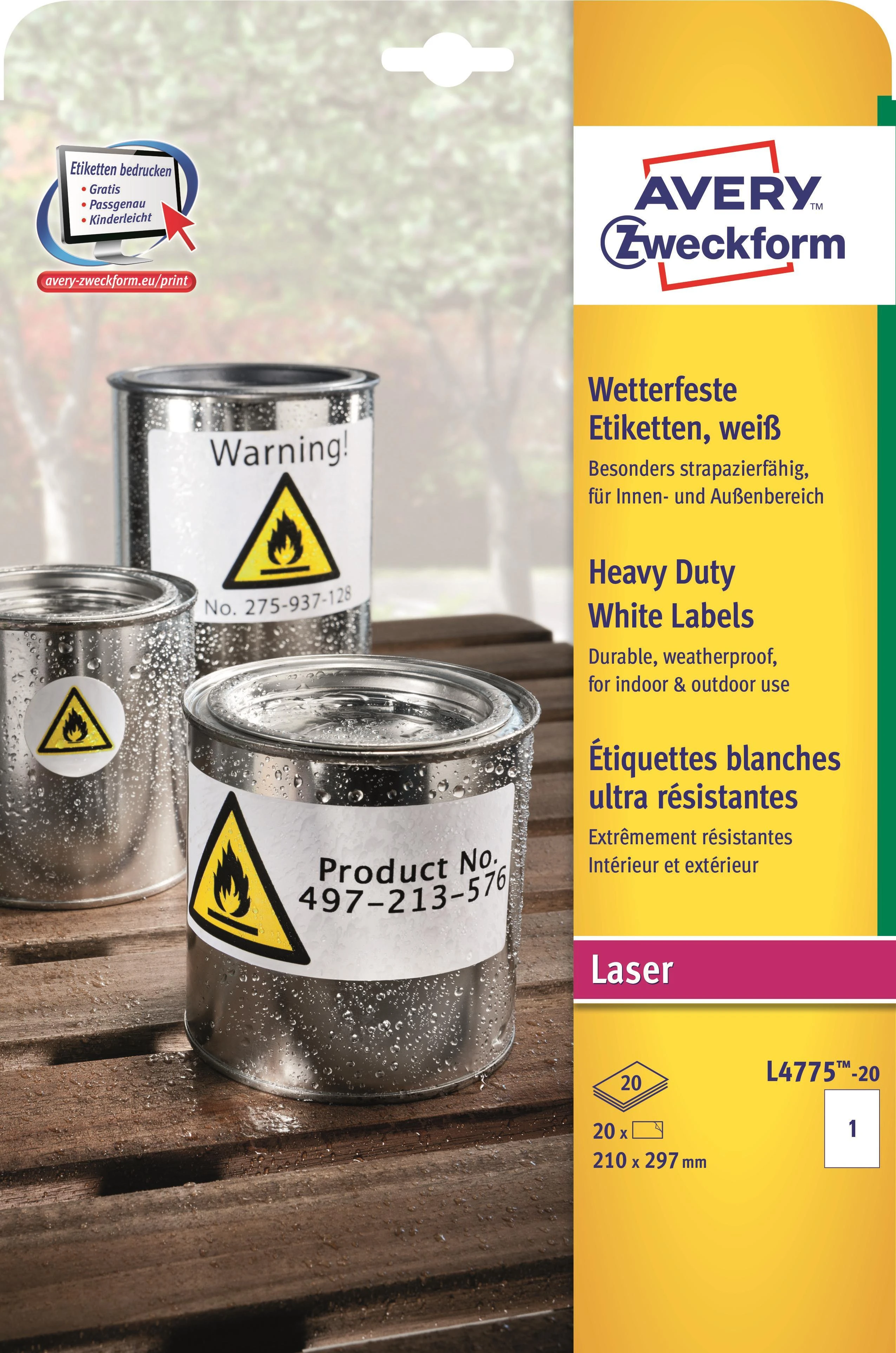 Lipnios etiketės Avery Zweckform A4, atsparios drėgmei, 210x297mm, 1 etiketė lape, 20 lapų, permanentinės, baltos spalvos