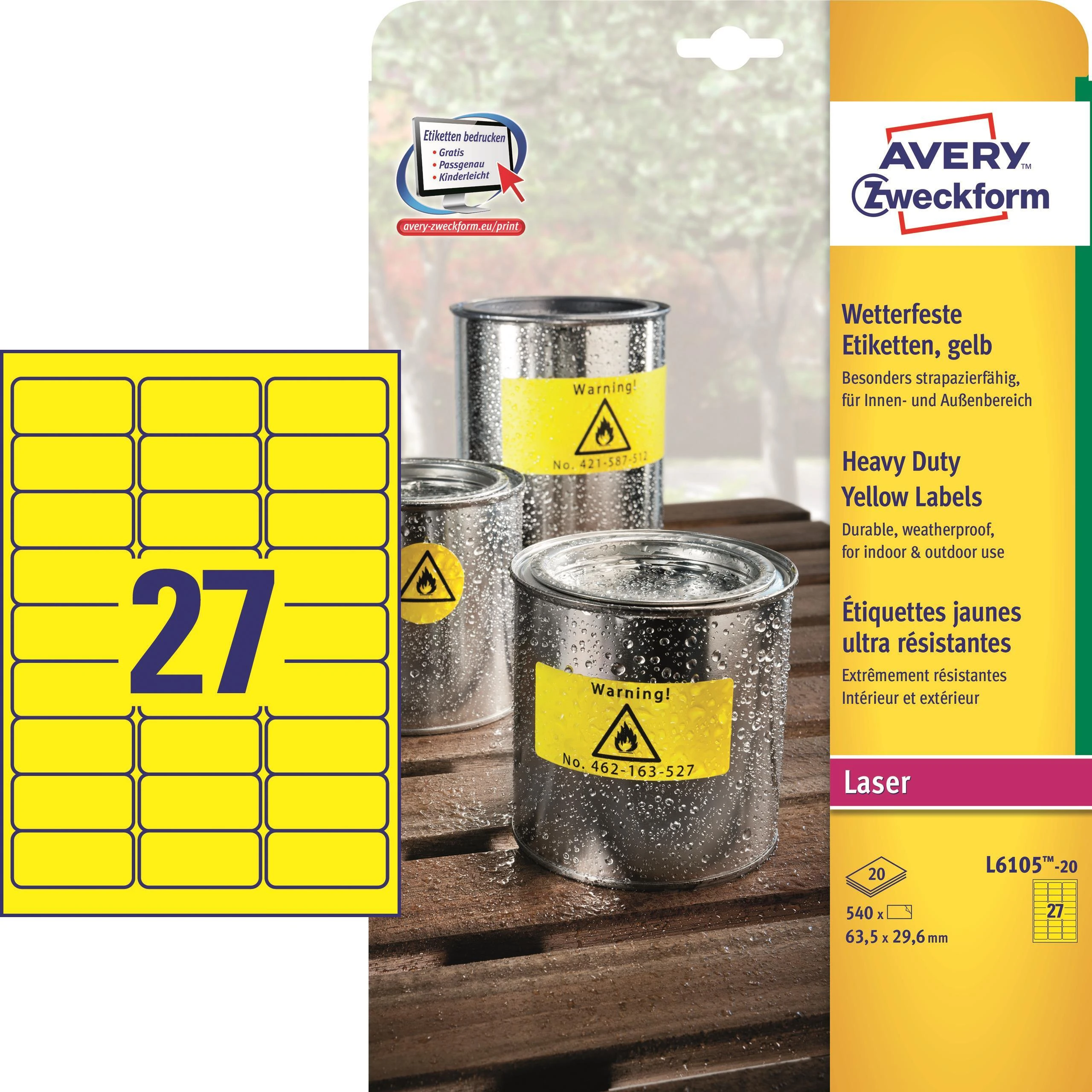 Avery Zweckform Heavy Duty Atsparus vandeniui Labels 63,5 x 29,6 mm geltona (L6105-20)