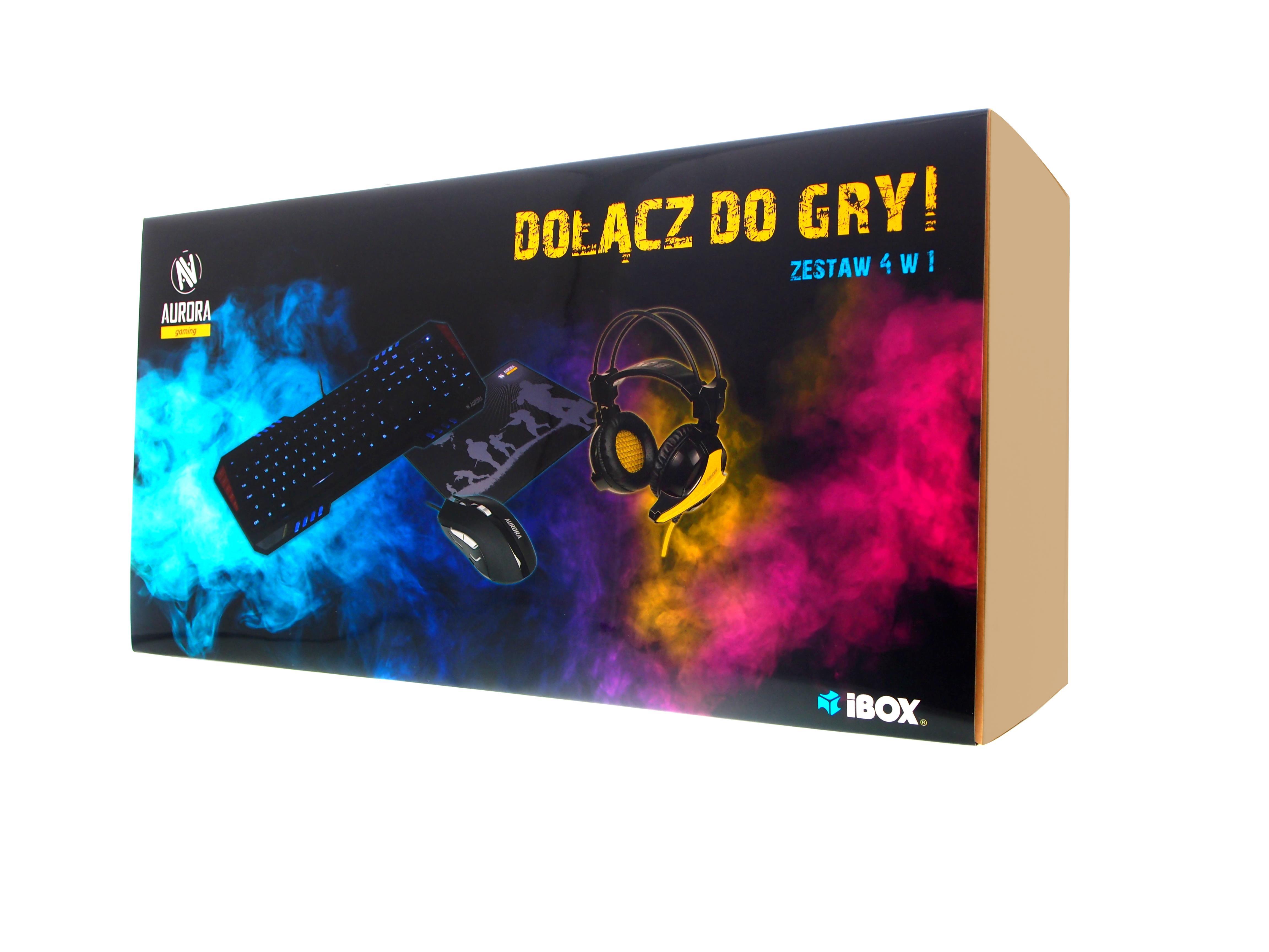Klaviatūra ir pelė + pelės kilimėlis + ausinės Set membraninė IBOX AURORA IZGSET1 (USB 2.0, (US), juodos spalvos, Optical, 1200 DPI, 1600 DPI,