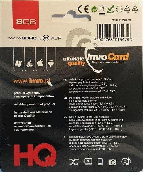 Imro atminties kortelė 8GB Micro SDHC cl. 10 + adapteris