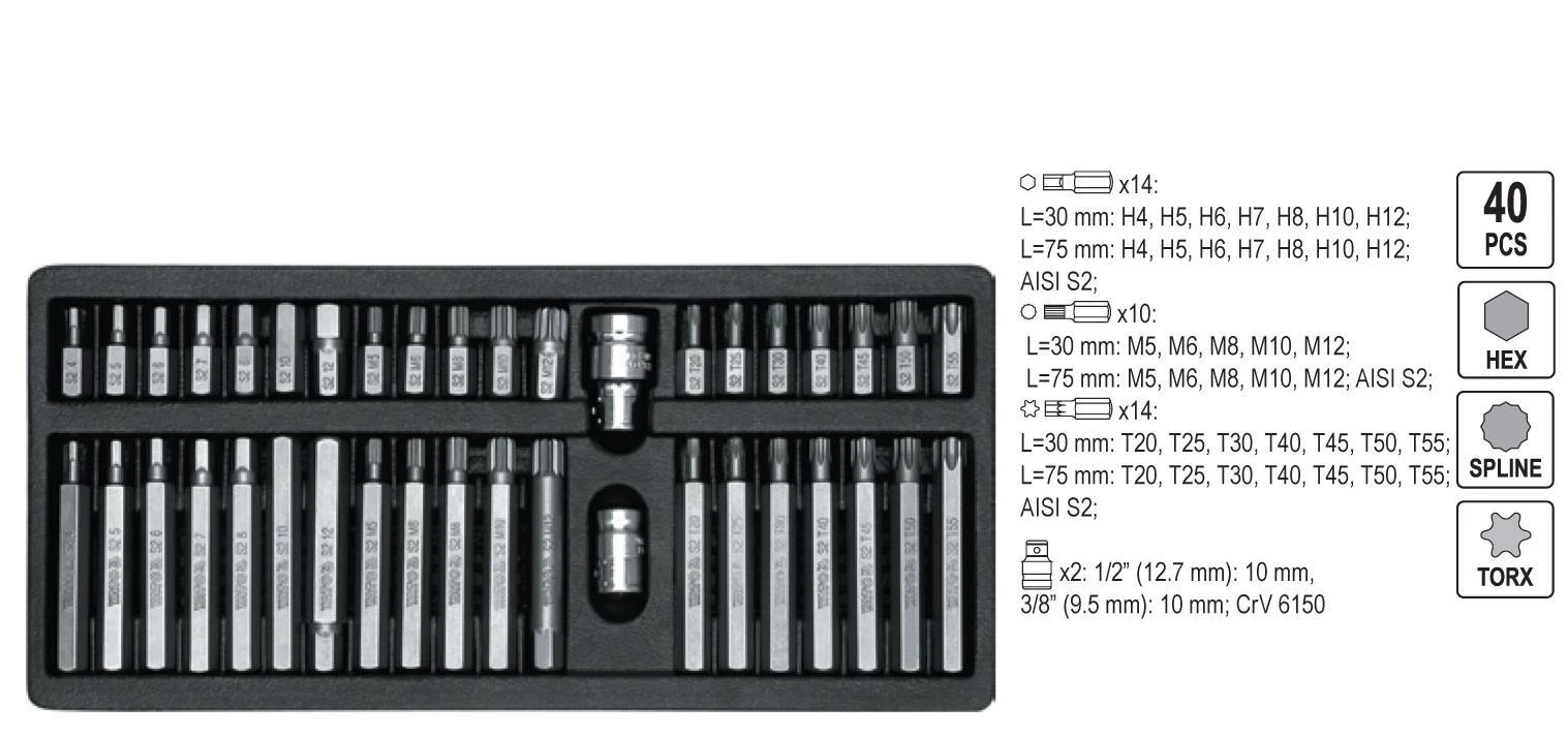 Yato antgalių rinkinys Hex, Torx, Spline, 40 vnt YT-0400