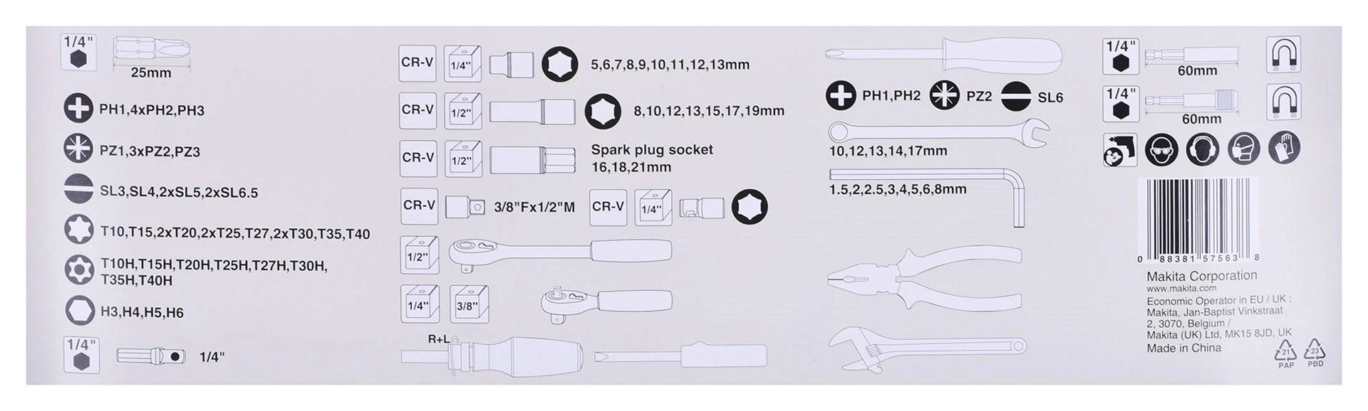 Makita E-08458 rankinių įrankių rinkinys, 87 vnt.