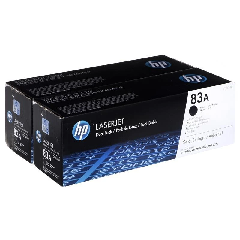Hewlett Packard (HP) HP 83A 2-pack juodas dažų kasetė, skirta LaserJet M201, M125, M127, M225 (1 500 puslapių)