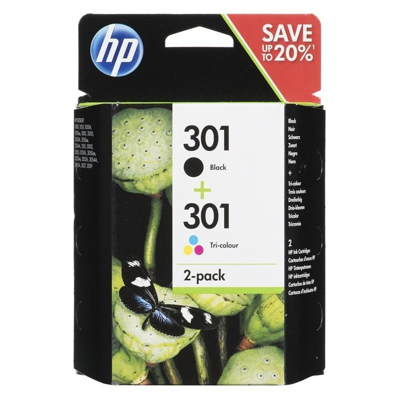 Hewlett Packard (HP) HP 301 2 juodų/trijų spalvų rašalo kasečių pakuotė, 190/165 puslapių, skirtos Deskjet 1510, 3055A, Officejet 2622