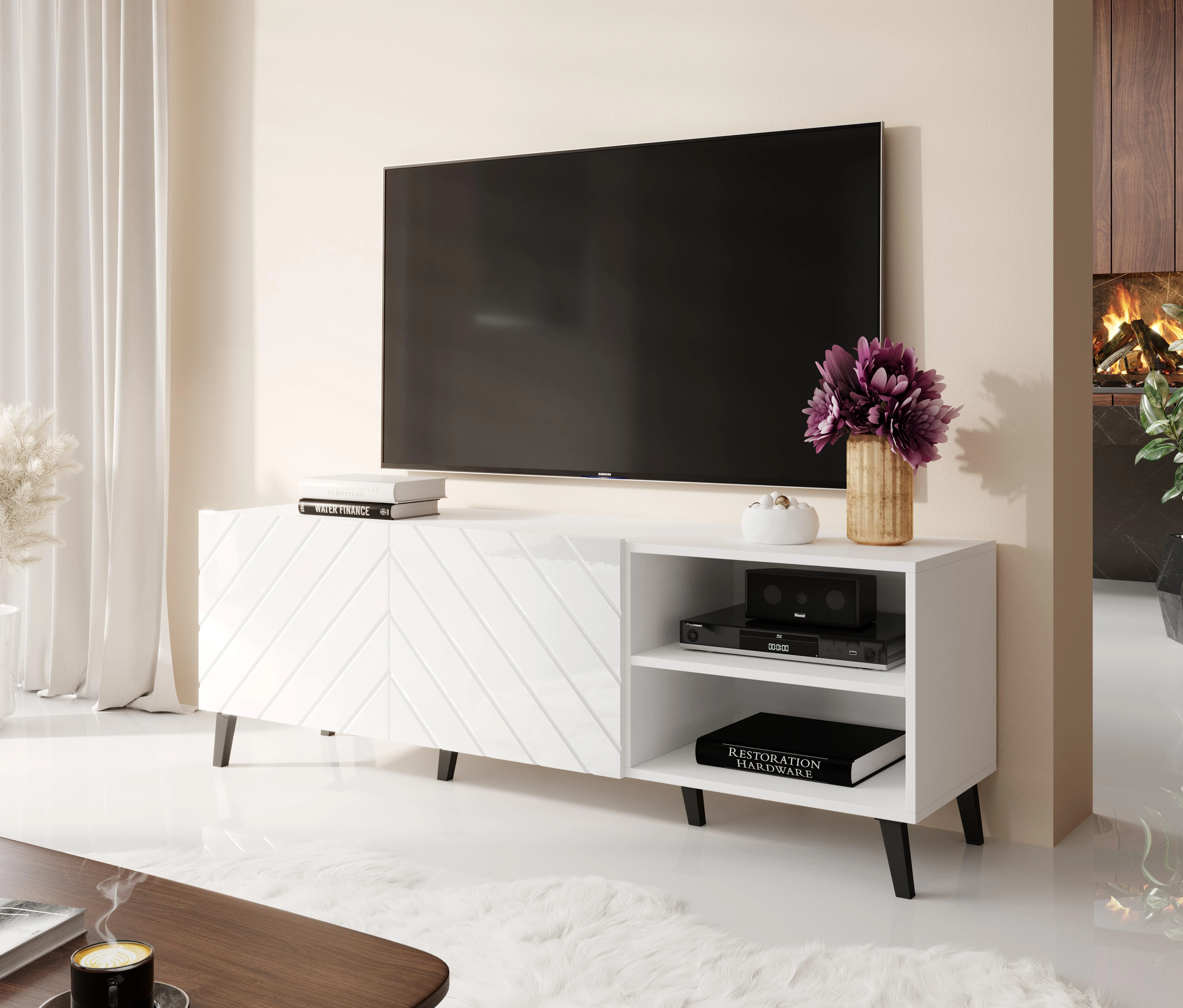Cama Meble Televizoriaus Spintelė - Abeto 150x42x52 Balta Blizgi