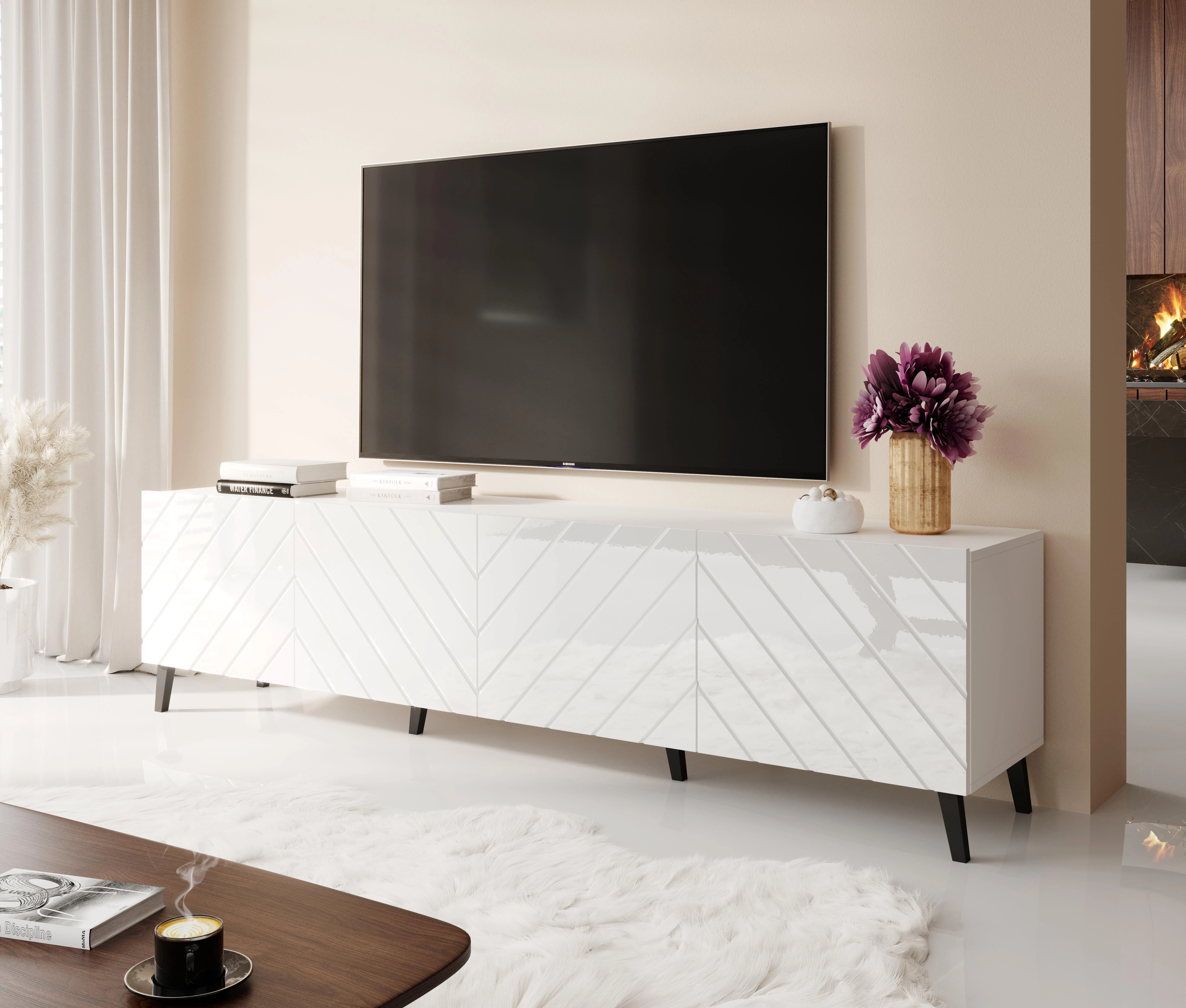 Cama Meble Televizoriaus Spintelė - Abeto 200x42x52 Blizgus Baltas