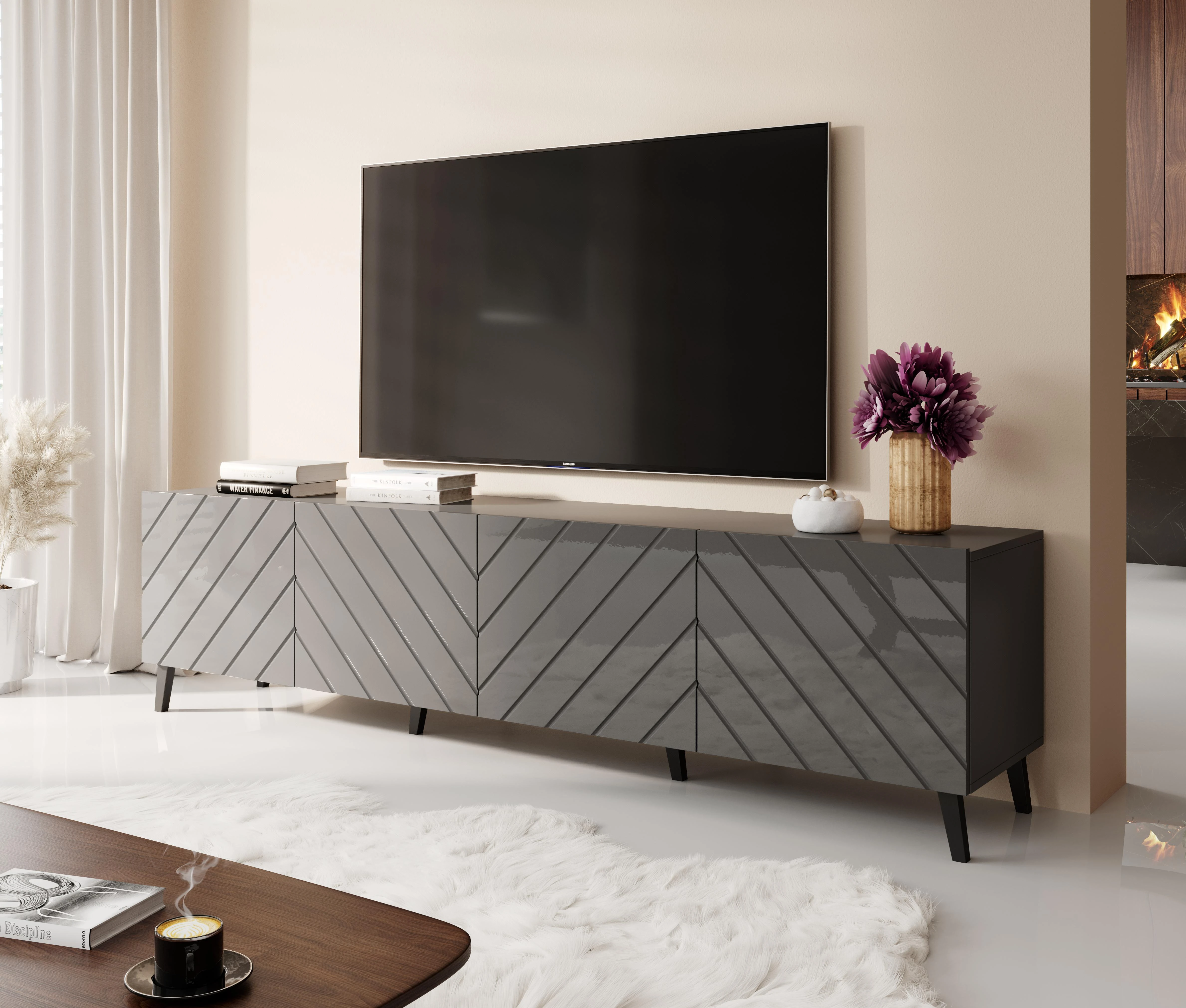 Cama Meble TV Spintelė - Abeto 200x42x52 Grafitas/Blizgus