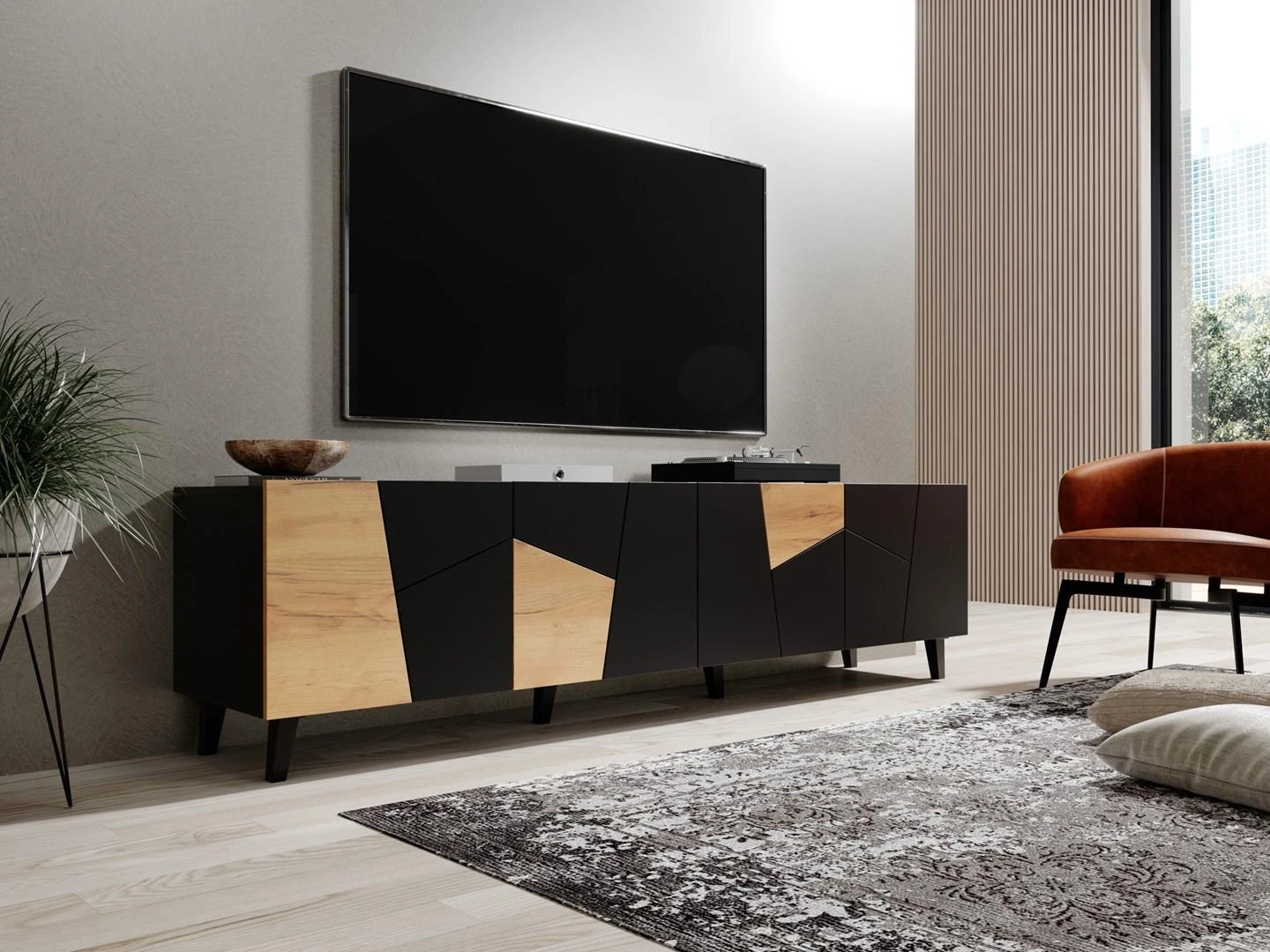 Laikiklis Cama Meble TV Spintelė - Etna 200x42x52, Juoda, Ąžuolas