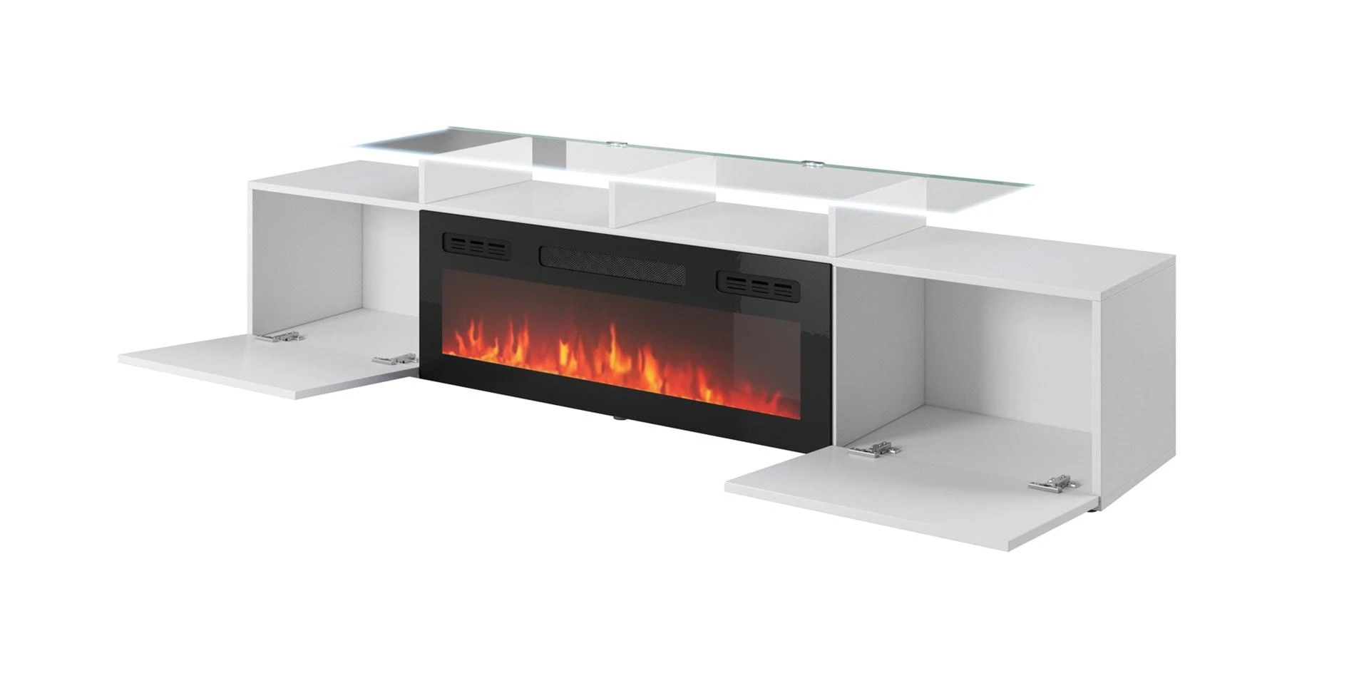 Laikiklis Cama Meble TV Spintelė - ROVA Su Elektriniu Židiniu 190x37x48 Balta Blizgi
