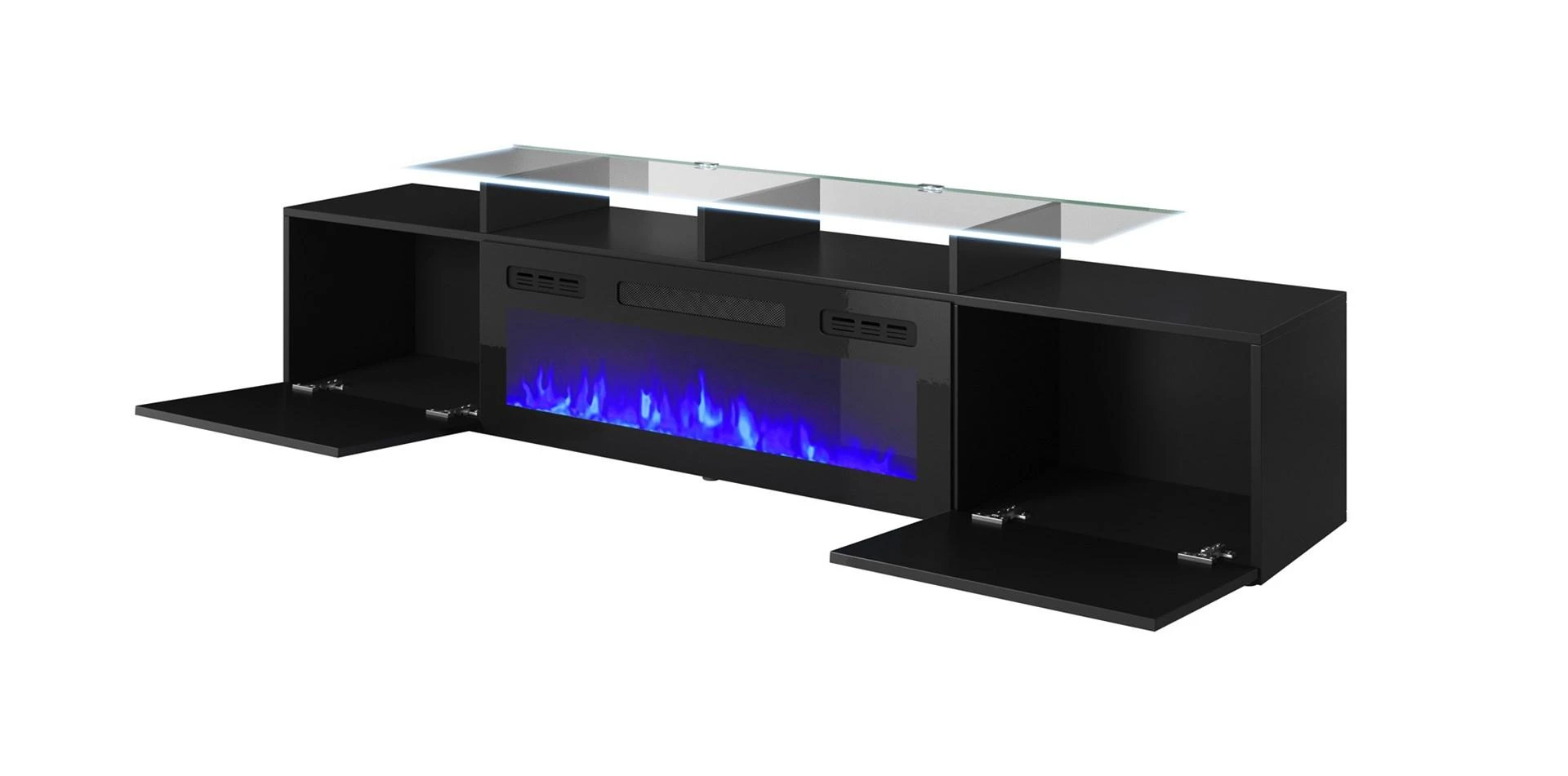 Laikiklis Cama Meble Spintelė su elektriniu židiniu - Rova 190x37x48 Cm, Juoda/Blizgi