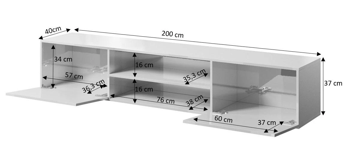 Laikiklis Cama Meble Televizoriaus Spintelė - 200x40x37 cm, Blizgi Balta