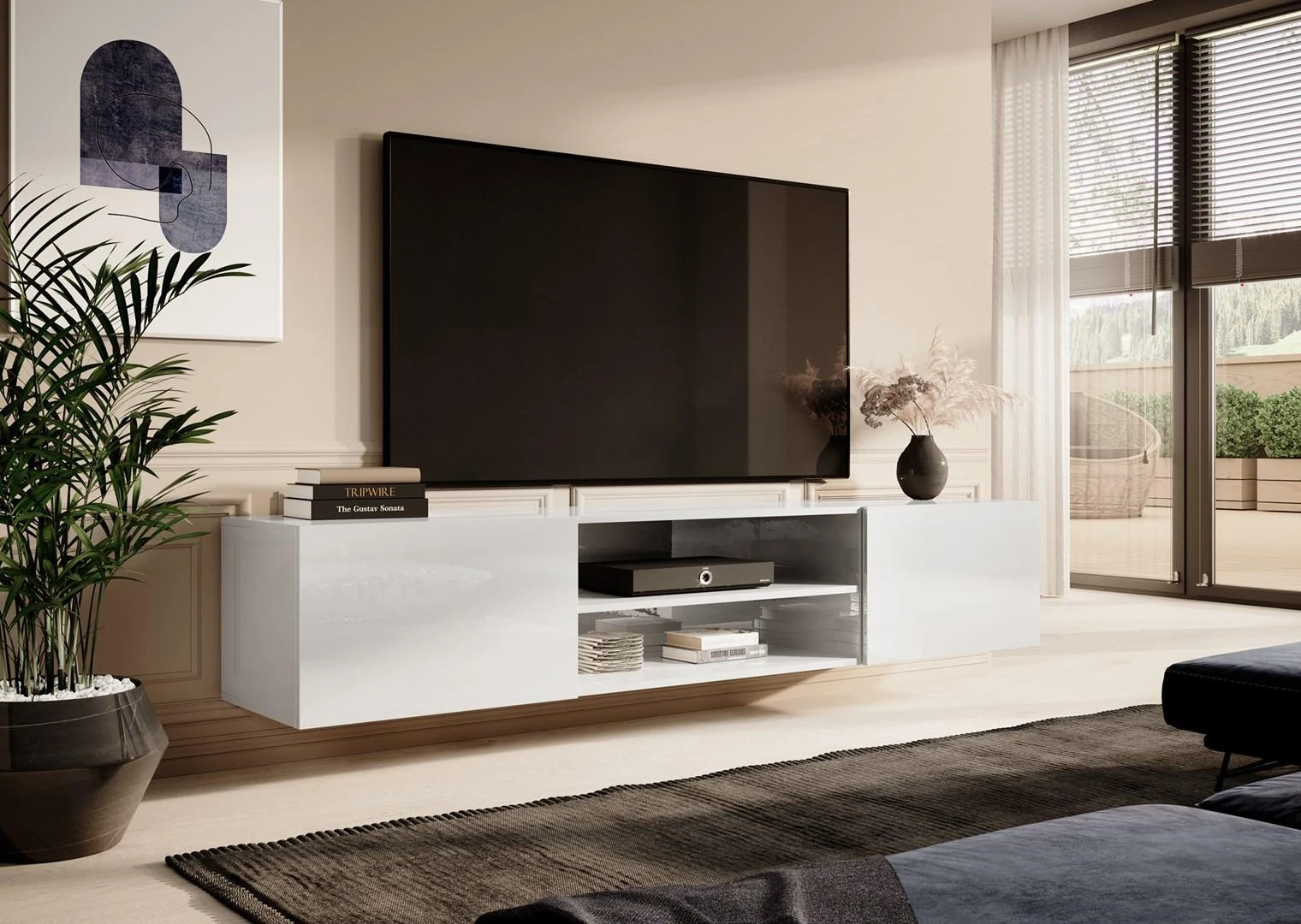 Laikiklis Cama Meble Televizoriaus Spintelė - 200x40x37 cm, Blizgi Balta