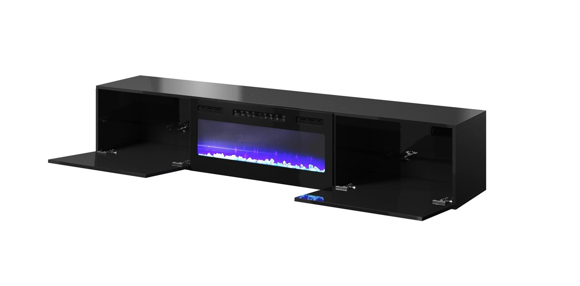 Laikiklis Cama Meble Medijos Spinta - RTV Spintelė Slide 200K su Elektriniu Židiniu, 200x40x37 Cm, Blizgi Juoda.