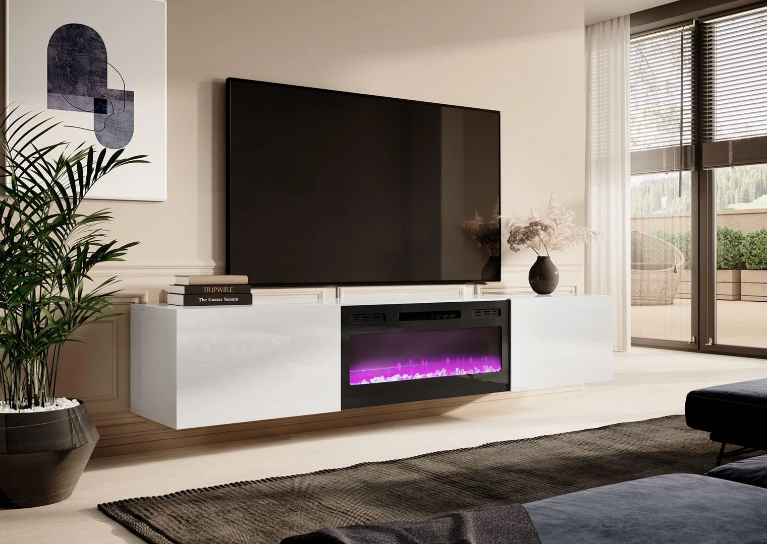 Laikiklis Cama Meble Televizoriaus Spintelė - Slide 200K su Elektriniu Židiniu, 200x40x37 cm, Blizgi Balta