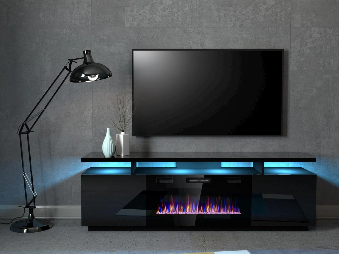 Laikiklis Cama Meble Židinys - RTV Eva Spintelė Su Elektriniu Židiniu 180x40x52 Cm Juoda/Blizgiai Juoda