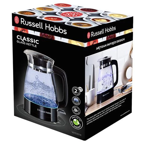 Russell Hobbs Virdulys stiklinis klasikinio dizaino su LED apšvietimu (1,7 l, 2400 W, greito virimo funkcija, optimizuotas stiklinis snapelis, nuimamas dangtis, l