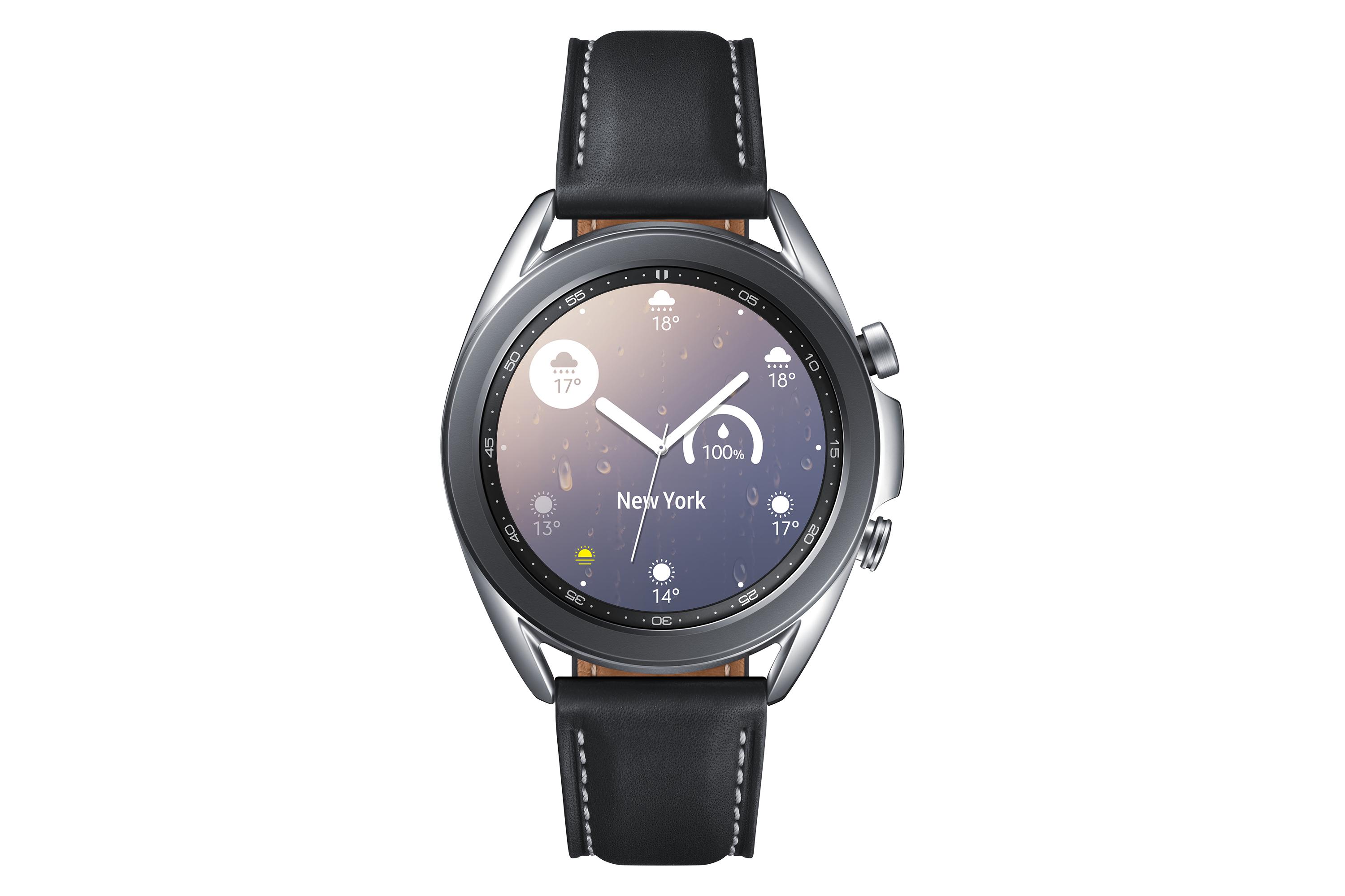 Išmanusis laikrodis Samsung Galaxy Watch3 (41 mm), Sidabrinės spalvos korpusas su juodos spalvos odiniu dirželiu
