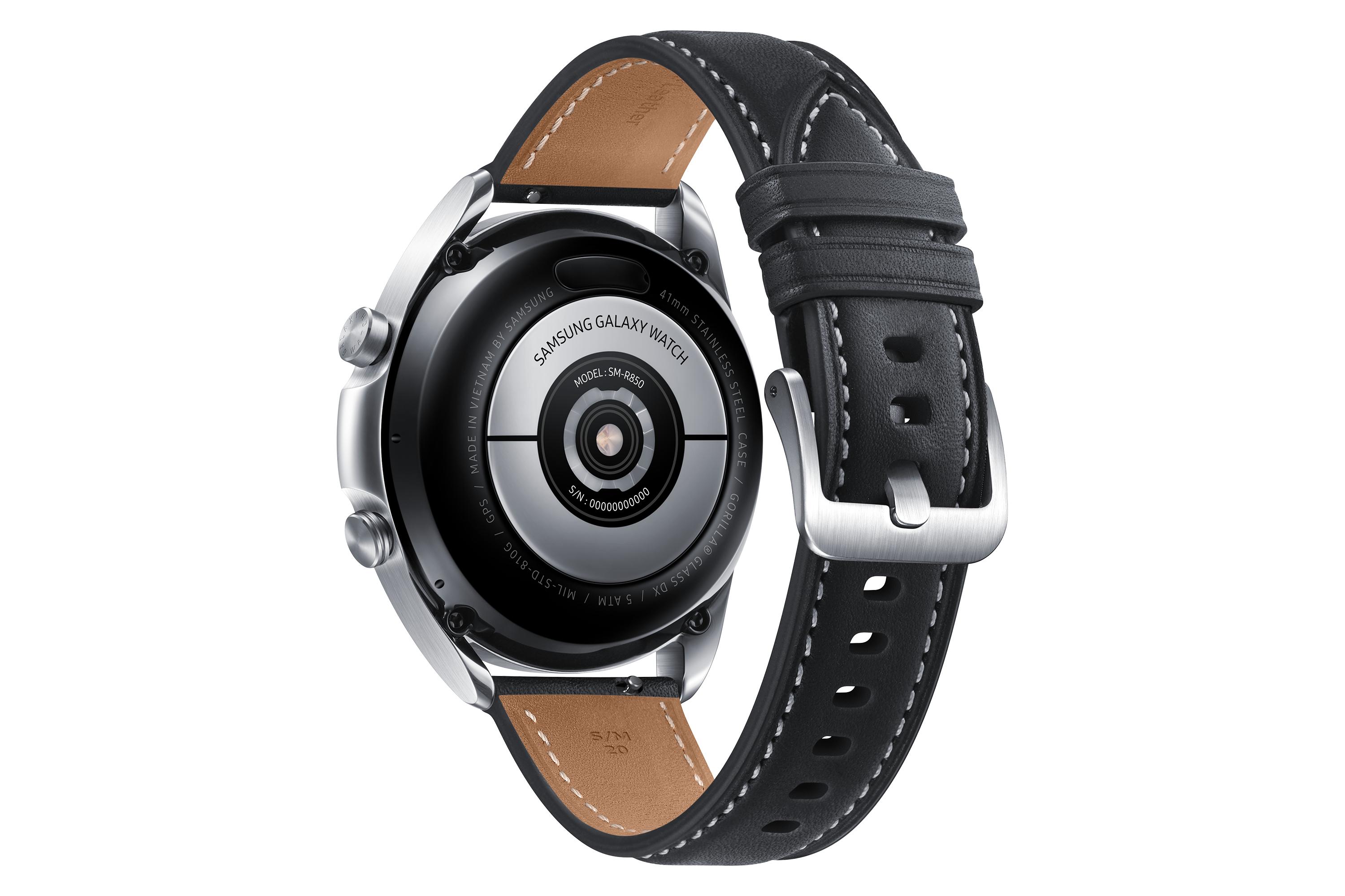 Išmanusis laikrodis Samsung Galaxy Watch3 (41 mm), Sidabrinės spalvos korpusas su juodos spalvos odiniu dirželiu