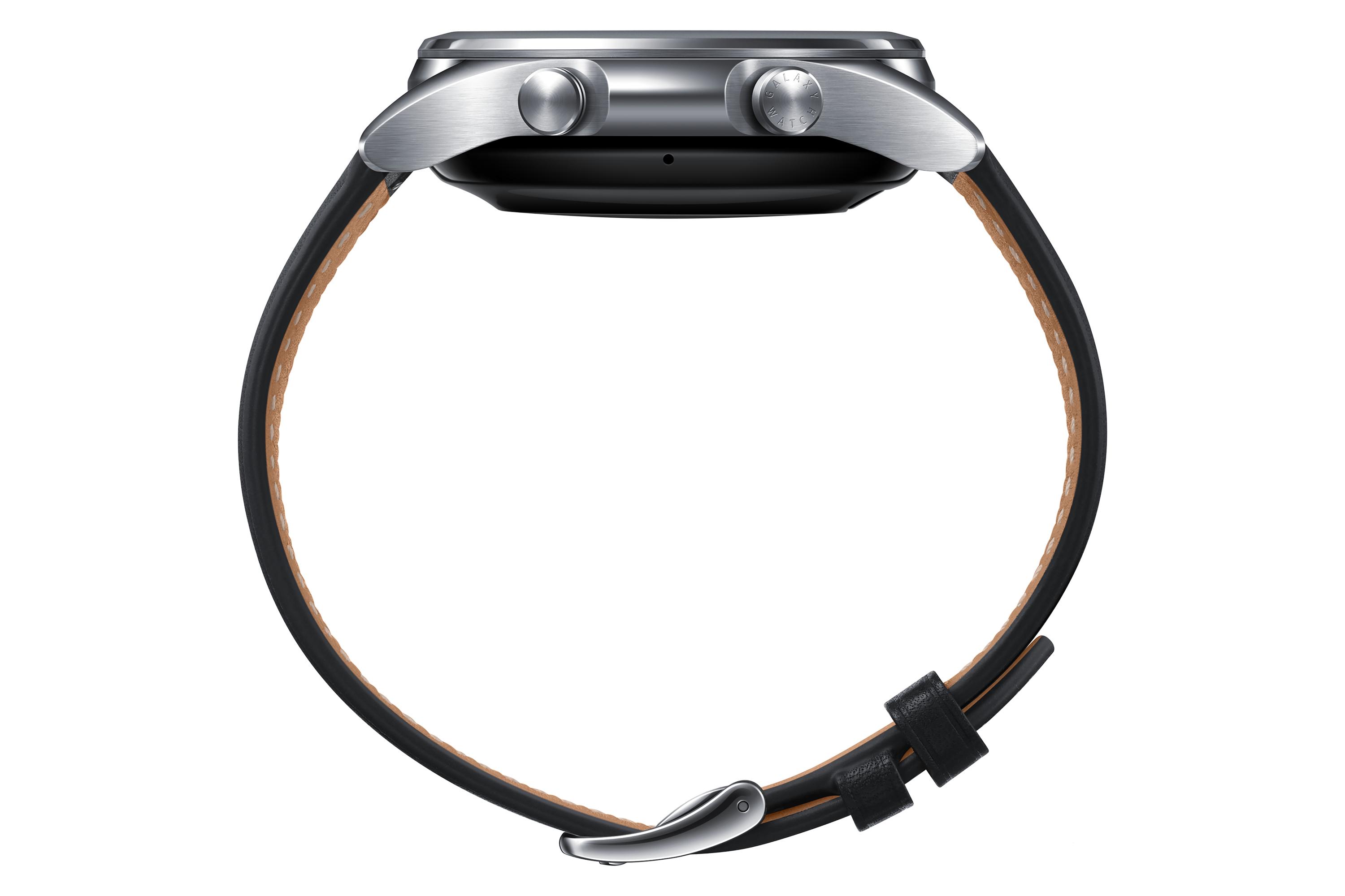 Išmanusis laikrodis Samsung Galaxy Watch3 (41 mm), Sidabrinės spalvos korpusas su juodos spalvos odiniu dirželiu