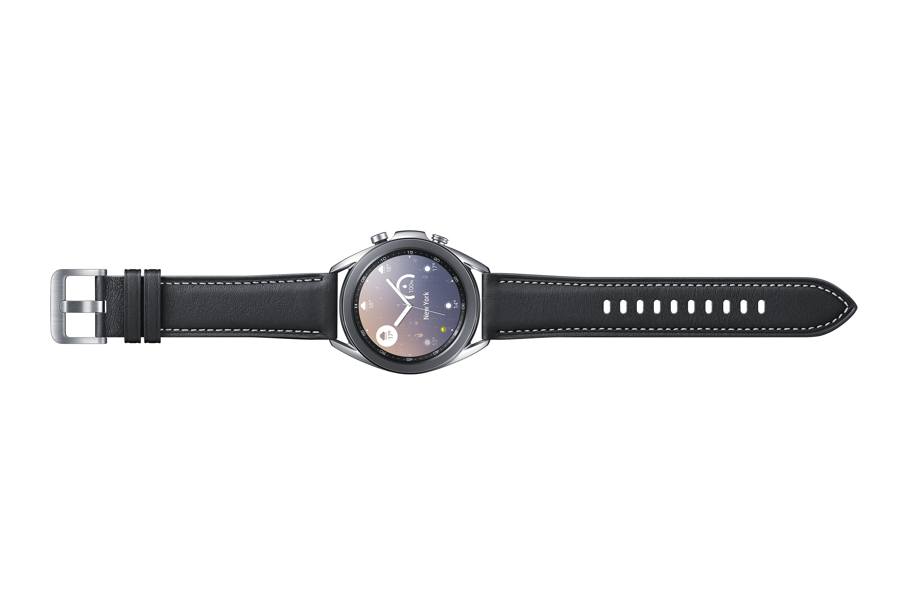 Išmanusis laikrodis Samsung Galaxy Watch3 (41 mm), Sidabrinės spalvos korpusas su juodos spalvos odiniu dirželiu