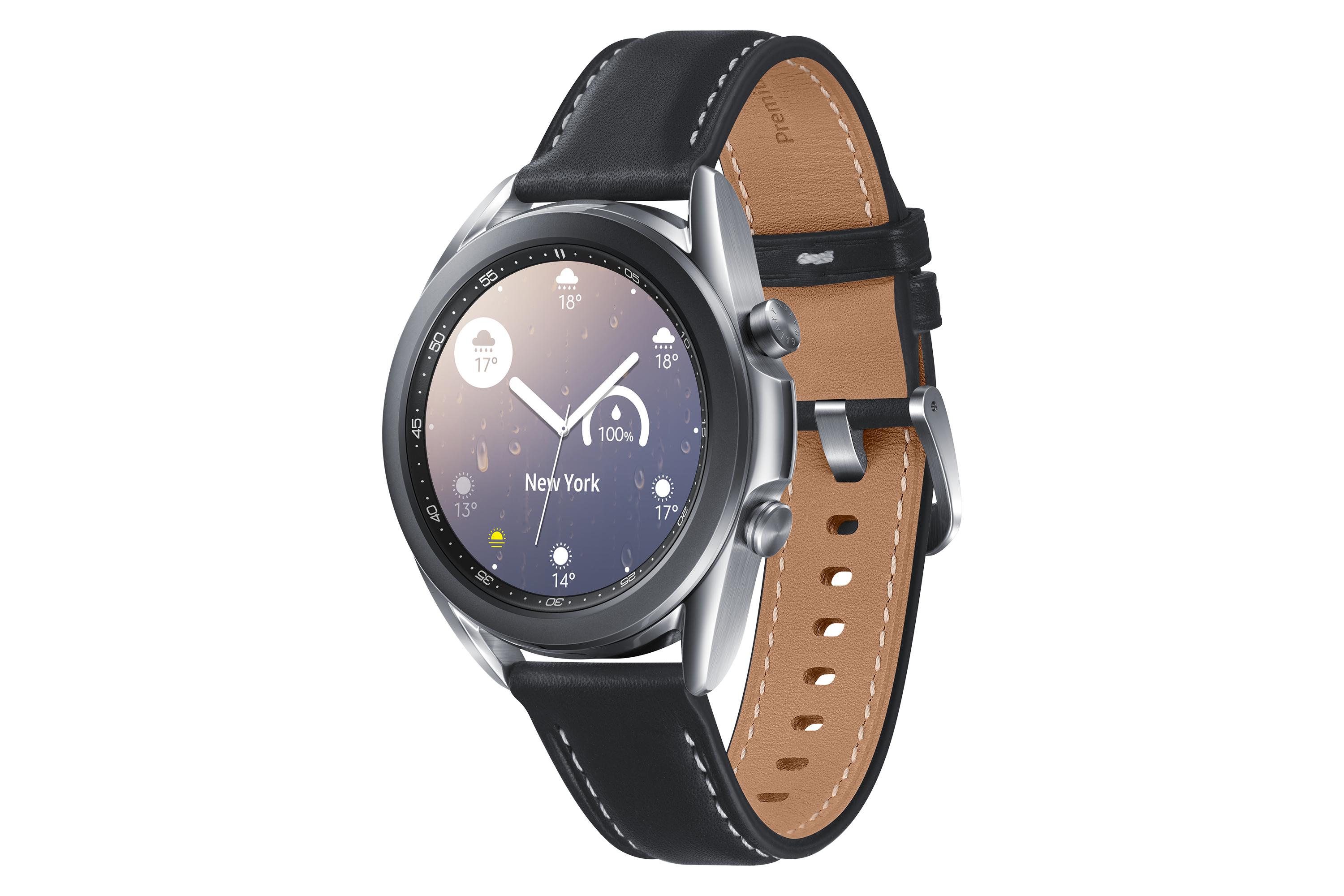 Išmanusis laikrodis Samsung Galaxy Watch3 (41 mm), Sidabrinės spalvos korpusas su juodos spalvos odiniu dirželiu