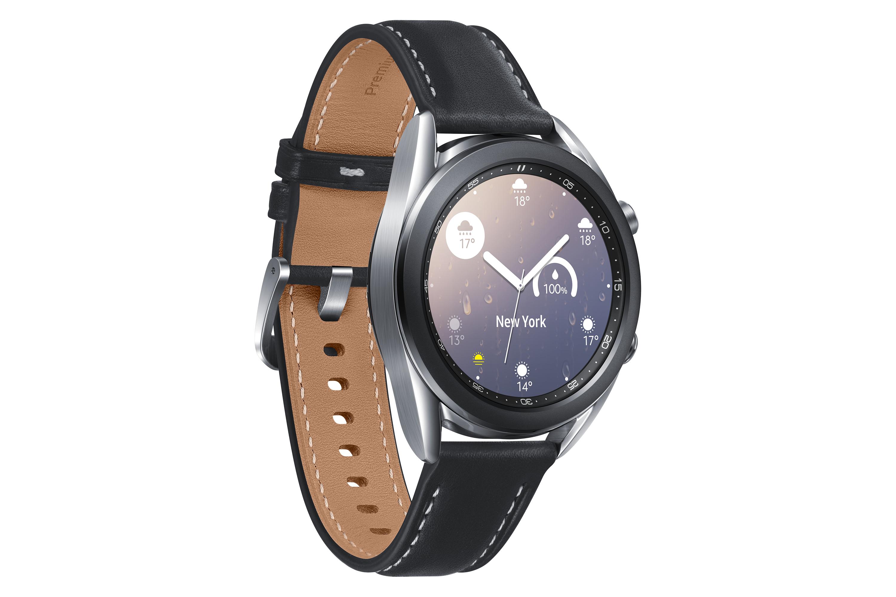 Išmanusis laikrodis Samsung Galaxy Watch3 (41 mm), Sidabrinės spalvos korpusas su juodos spalvos odiniu dirželiu