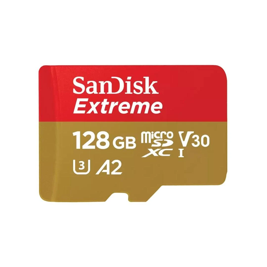„SANDISK Extreme Micro SDXC 128GB“ veiksmo kameroms ir dronams + SD adapteris + 1 metų „RescuePRO Deluxe“ garantija iki 190 MB/s ir 90 MB/s skaitymo / rašymo greičių, A2, C10, V30, UHS-I, U3.