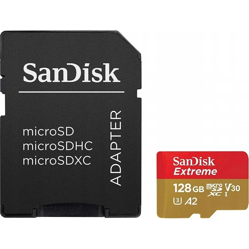 „SANDISK Extreme Micro SDXC 128GB“ veiksmo kameroms ir dronams + SD adapteris + 1 metų „RescuePRO Deluxe“ garantija iki 190 MB/s ir 90 MB/s skaitymo / rašymo greičių, A2, C10, V30, UHS-I, U3.