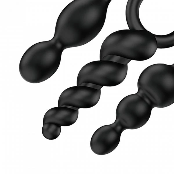 „Satisfyer Booty Call“ analinių kamštukų rinkinys su stimuliuojančia Juodo struktūra