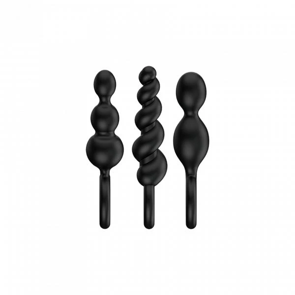 „Satisfyer Booty Call“ analinių kamštukų rinkinys su stimuliuojančia Juodo struktūra